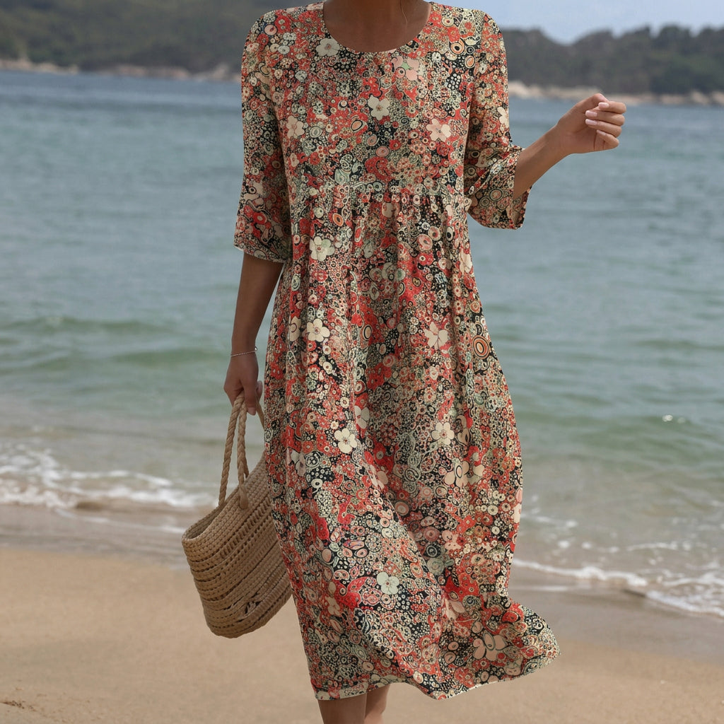 Sara - Robe Maxi à Col Rond avec Imprimé
