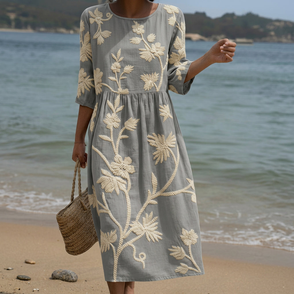 Ana - Robe Midi avec Imprimé de Plantes et de Fleurs