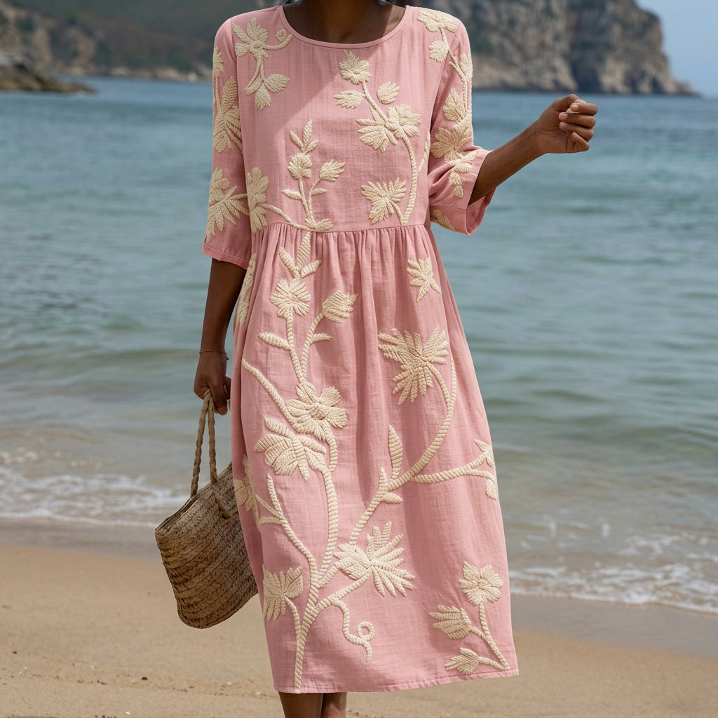 Paula - Robe Midi avec Imprimé de Plantes et de Fleurs