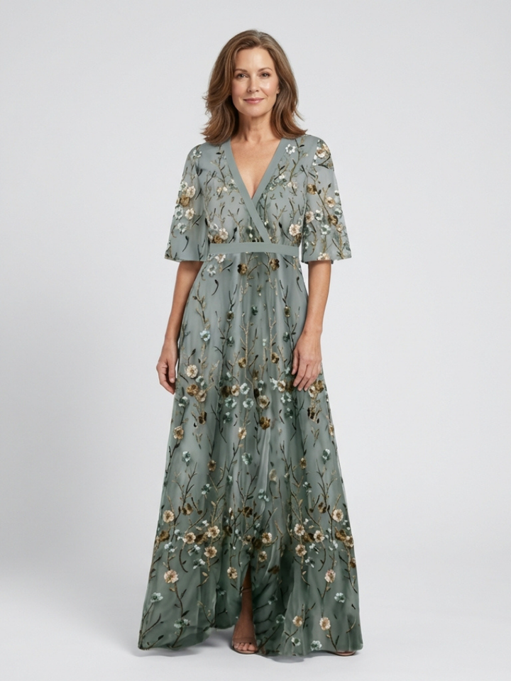 Evadne | Robe Maxi à Fleurs à Col V et Manches Courtes