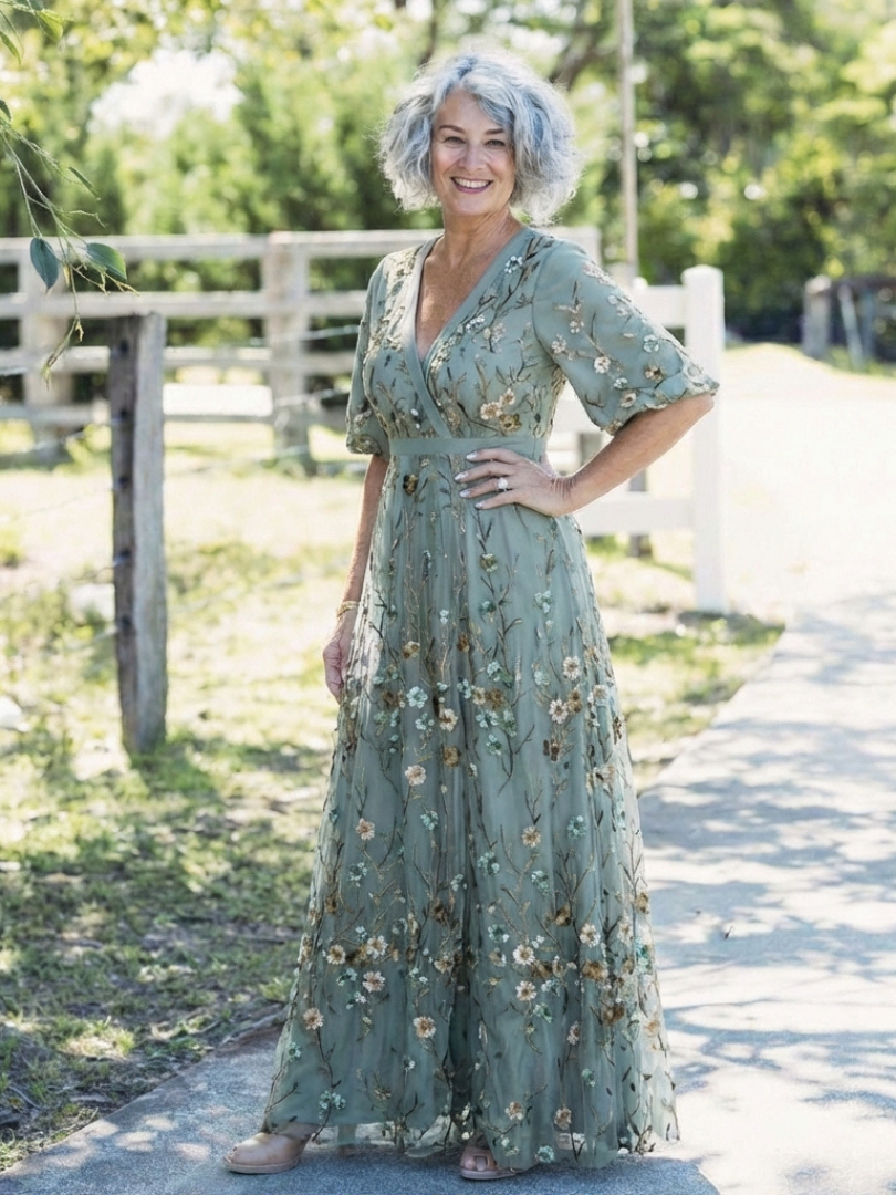 Evadne | Robe Maxi à Fleurs à Col V et Manches Courtes