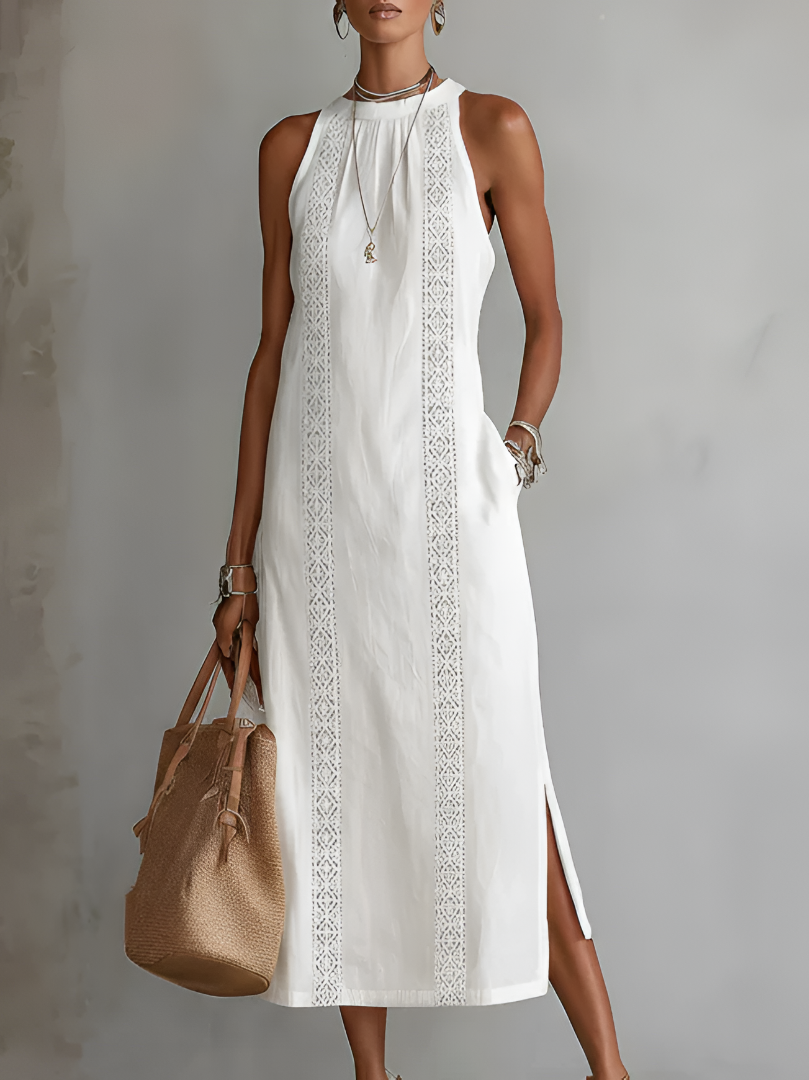 Bianca - Robe midi en lin avec col Mao
