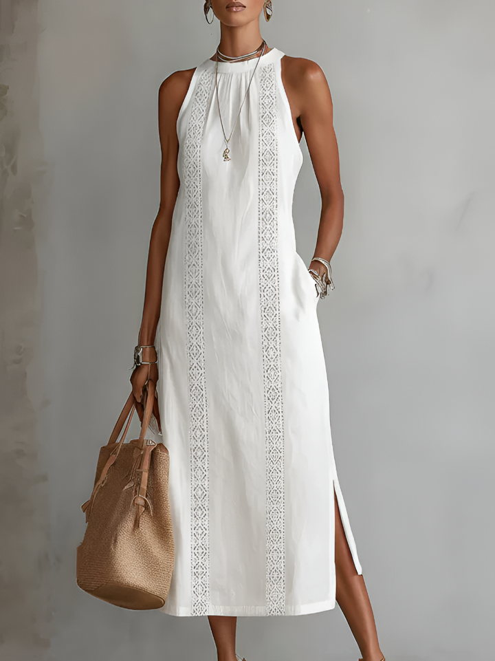 Bianca - Robe midi en lin avec col Mao
