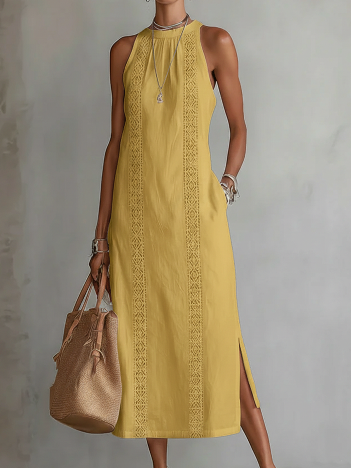 Bianca - Robe midi en lin avec col Mao