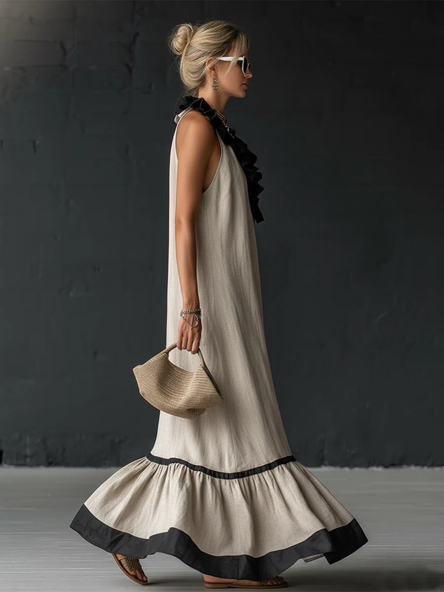 Robe maxi élégante et romantique avec volants et blocs de couleur