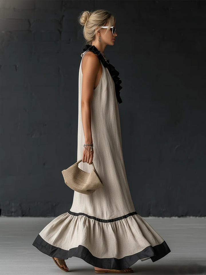 Robe maxi élégante et romantique avec volants et blocs de couleur