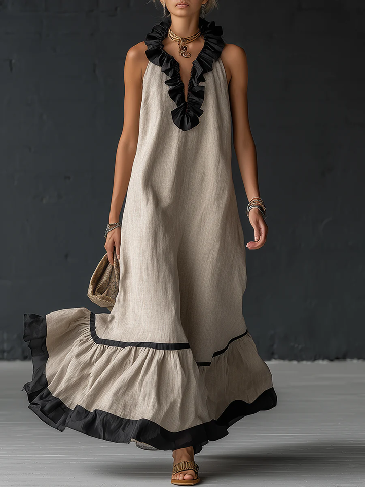 Robe maxi élégante et romantique avec volants et blocs de couleur