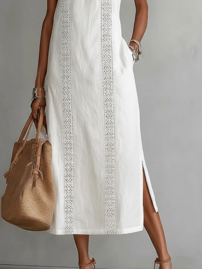 Bianca - Robe midi en lin avec col Mao