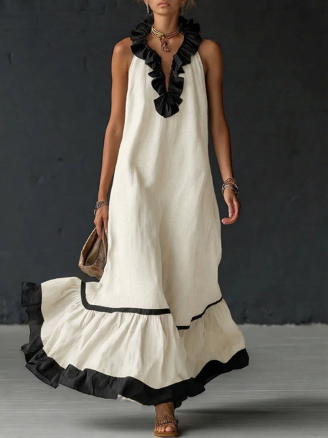 Robe maxi élégante et romantique avec volants et blocs de couleur