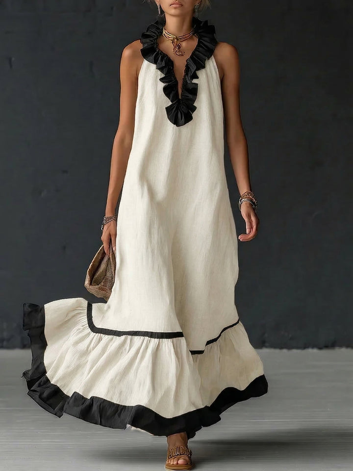 Robe maxi élégante et romantique avec volants et blocs de couleur