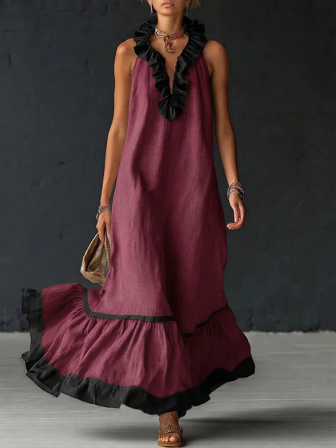 Robe maxi élégante et romantique avec volants et blocs de couleur