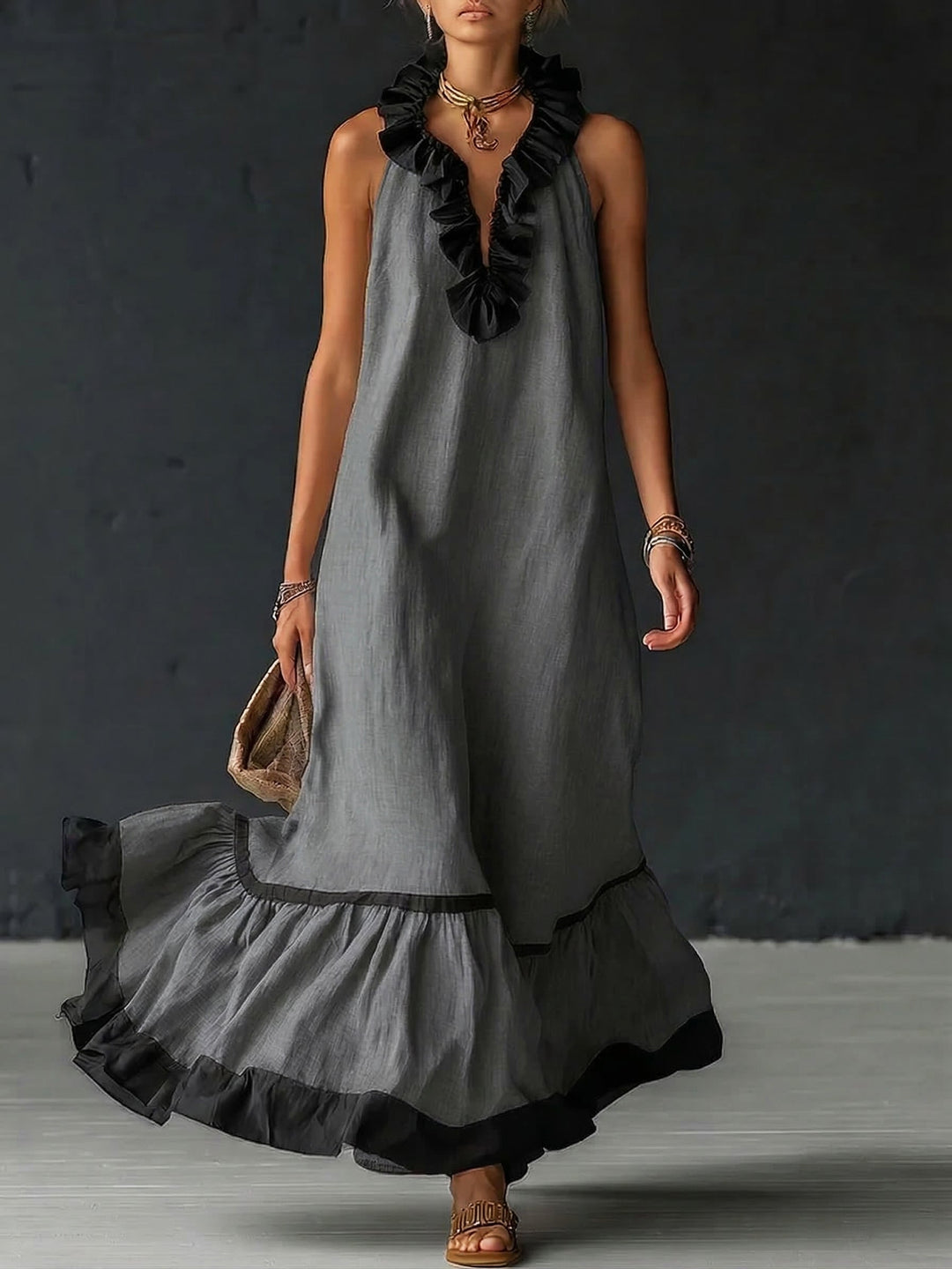 Robe maxi élégante et romantique avec volants et blocs de couleur