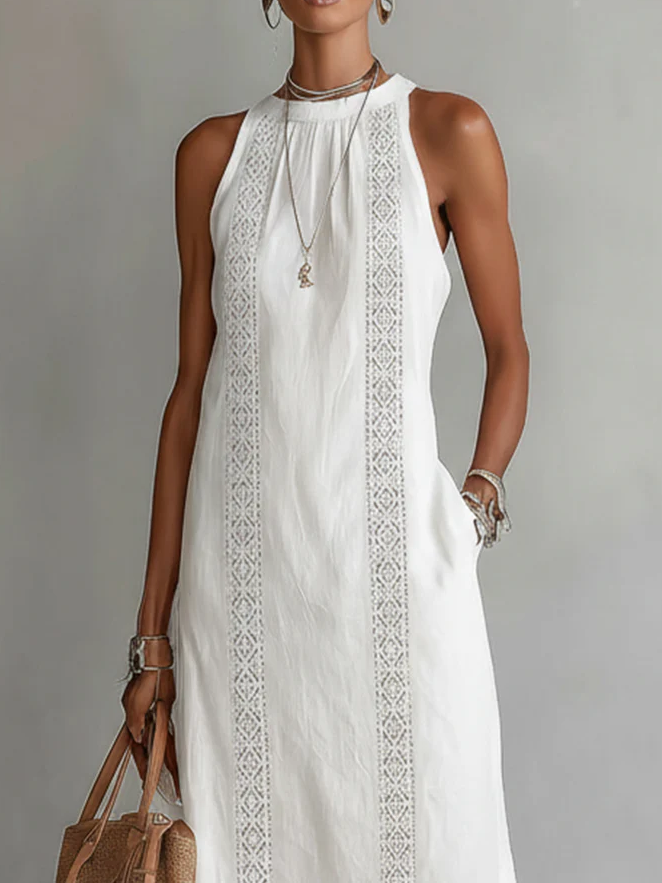 Bianca - Robe midi en lin avec col Mao