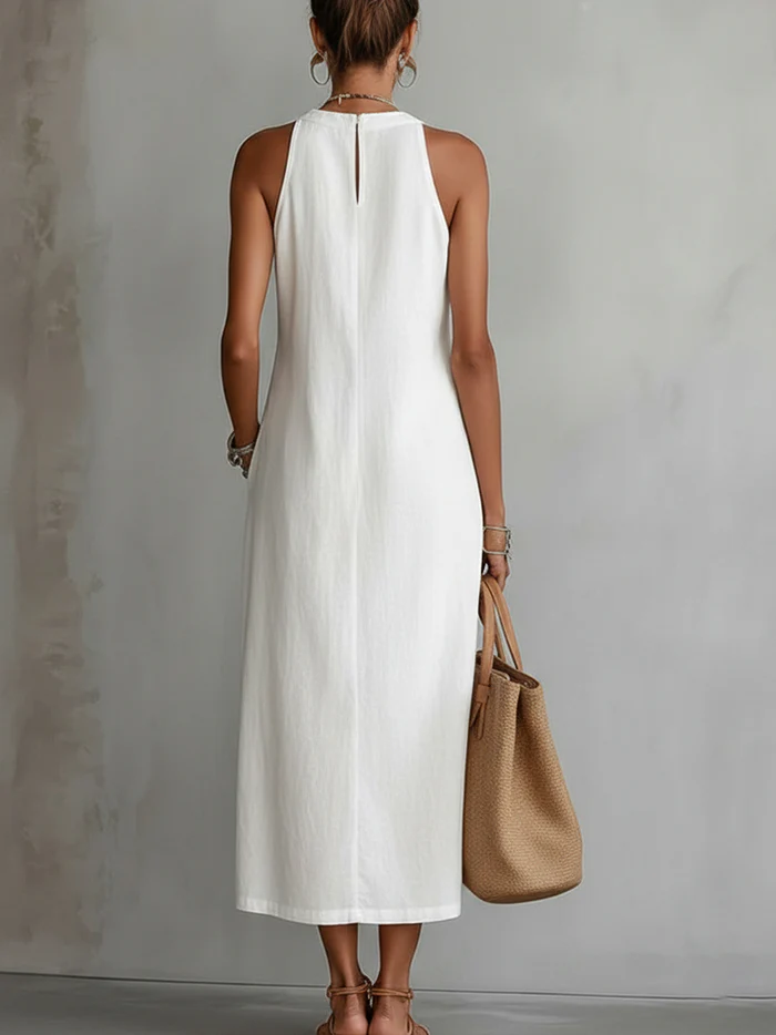 Bianca - Robe midi en lin avec col Mao