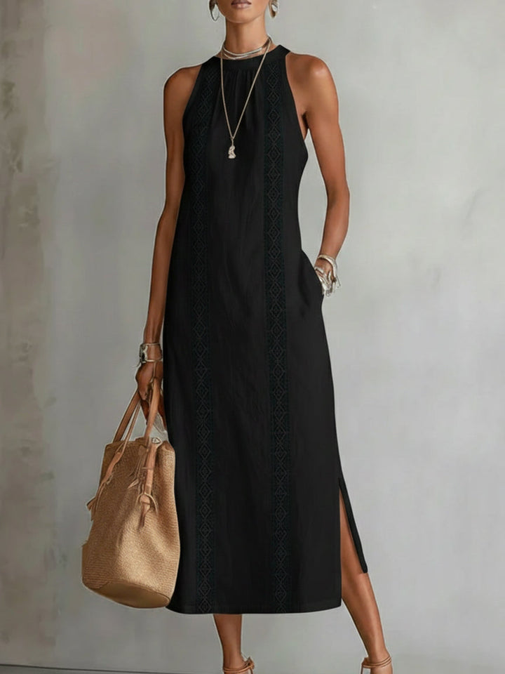 Bianca - Robe midi en lin avec col Mao