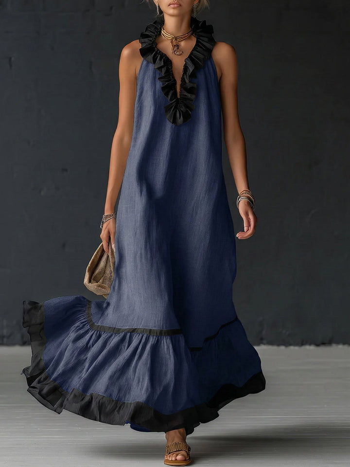 Robe maxi élégante et romantique avec volants et blocs de couleur