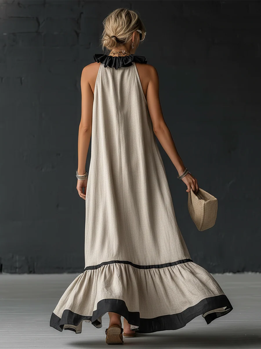 Robe maxi élégante et romantique avec volants et blocs de couleur